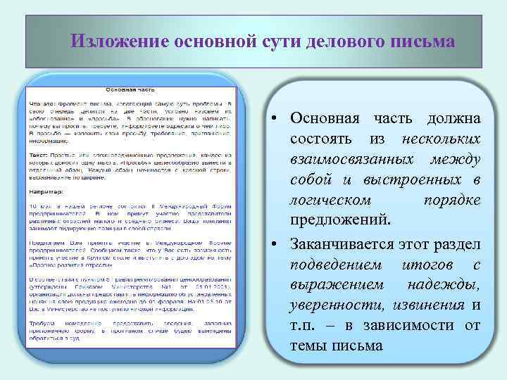Изложение основной сути делового письма • Основная часть должна состоять из нескольких взаимосвязанных между