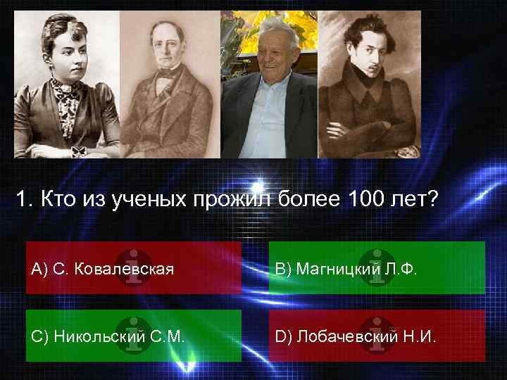 ВОПРОС 1. Кто из ученых прожил более 100 лет? A) С. Ковалевская B) Магницкий