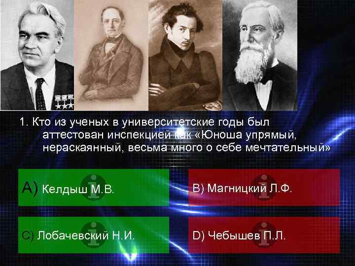 1. Кто из ученых в университетские годы был аттестован инспекцией как «Юноша упрямый, нераскаянный,