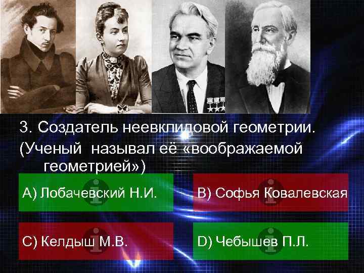 3. Создатель неевклидовой геометрии. (Ученый называл её «воображаемой геометрией» ) A) Лобачевский Н. И.