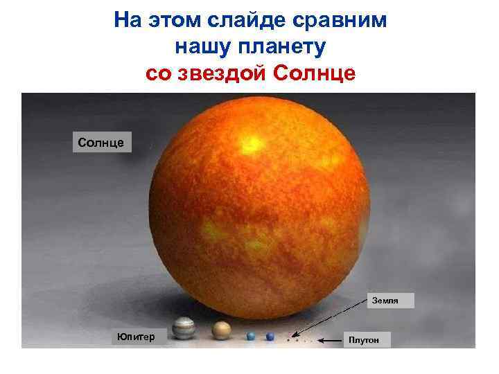 На этом слайде сравним нашу планету со звездой Солнце Земля Юпитер Плутон 