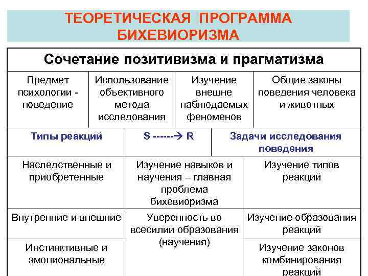 ТЕОРЕТИЧЕСКАЯ ПРОГРАММА БИХЕВИОРИЗМА Сочетание позитивизма и прагматизма Предмет психологии поведение Использование объективного метода исследования