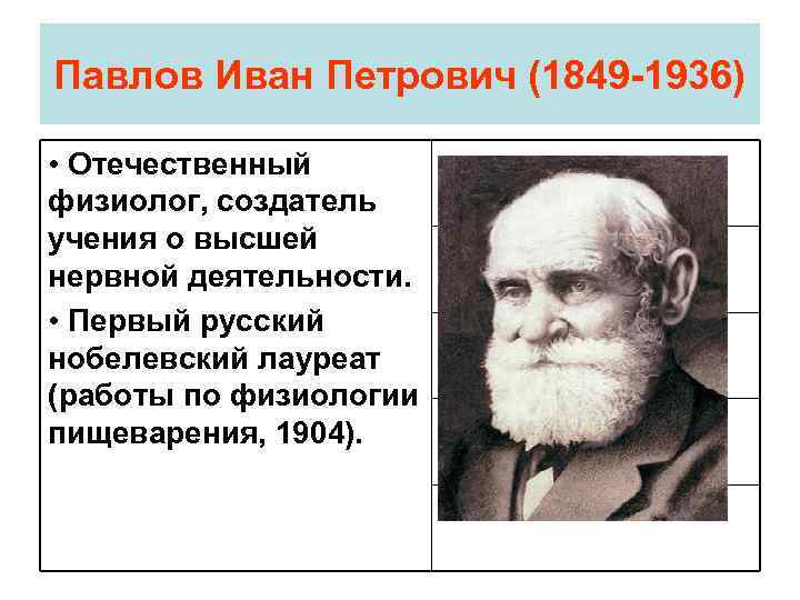 Павлов Иван Петрович (1849 -1936) • Отечественный физиолог, создатель учения о высшей нервной деятельности.