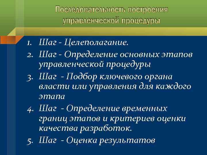Последовательность построения управленческой процедуры 1. Шаг - Целеполагание. 2. Шаг - Определение основных этапов