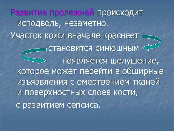Развитие пролежней происходит исподволь, незаметно. Участок кожи вначале краснеет становится синюшным появляется шелушение, которое