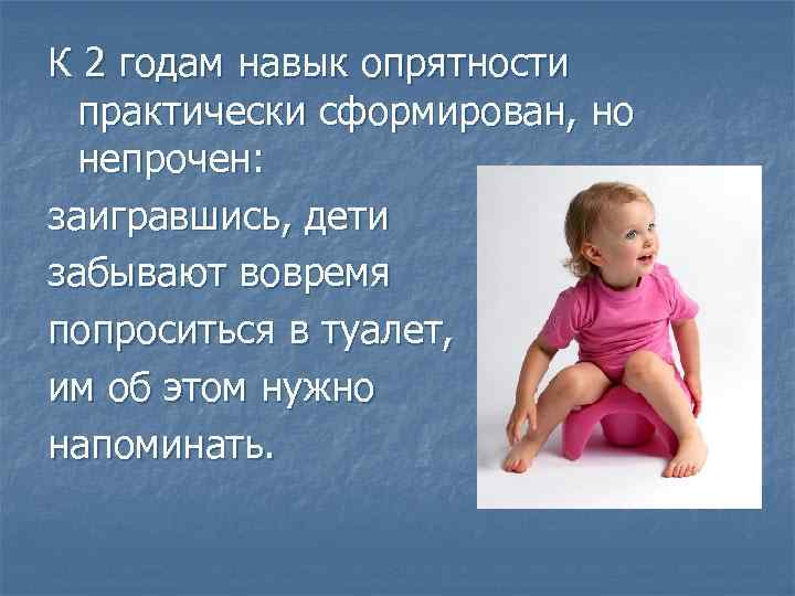 К 2 годам навык опрятности практически сформирован, но непрочен: заигравшись, дети забывают вовремя попроситься