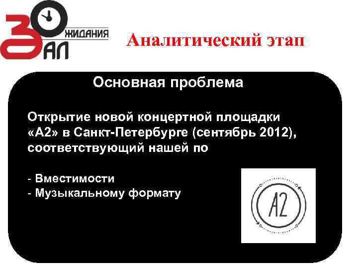 Аналитический этап Основная проблема Открытие новой концертной площадки «А 2» в Санкт-Петербурге (сентябрь 2012),