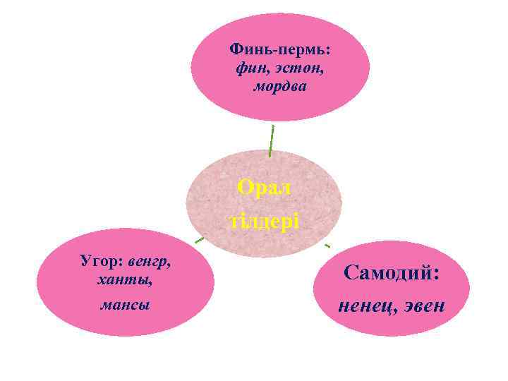 Финь-пермь: фин, эстон, мордва Орал тілдері Угор: венгр, ханты, Самодий: мансы ненец, эвен 