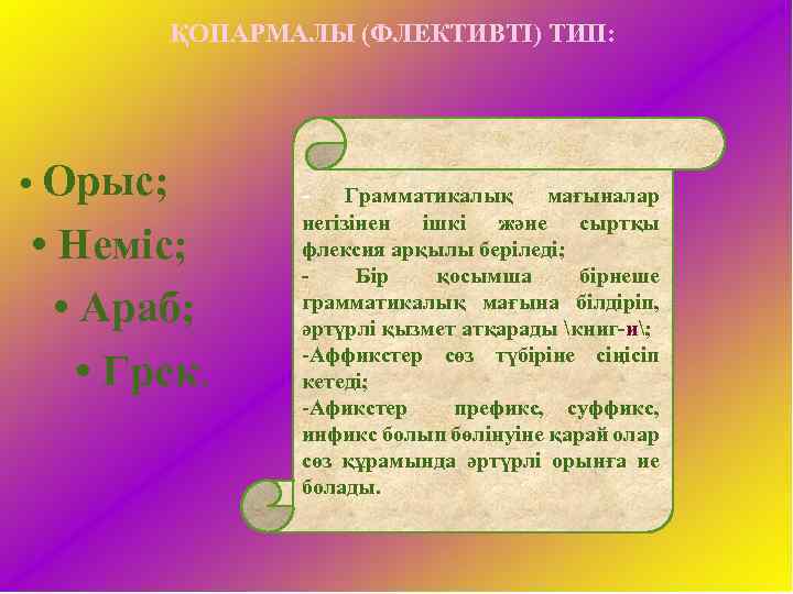 ҚОПАРМАЛЫ (ФЛЕКТИВТІ) ТИП: • Орыс; • Неміс; • Араб; • Грек. - Грамматикалық мағыналар