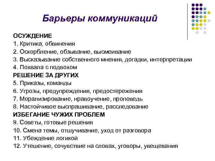 Барьеры коммуникаций ОСУЖДЕНИЕ 1. Критика, обвинения 2. Оскорбление, обзывание, высмеивание 3. Высказывание собственного мнения,