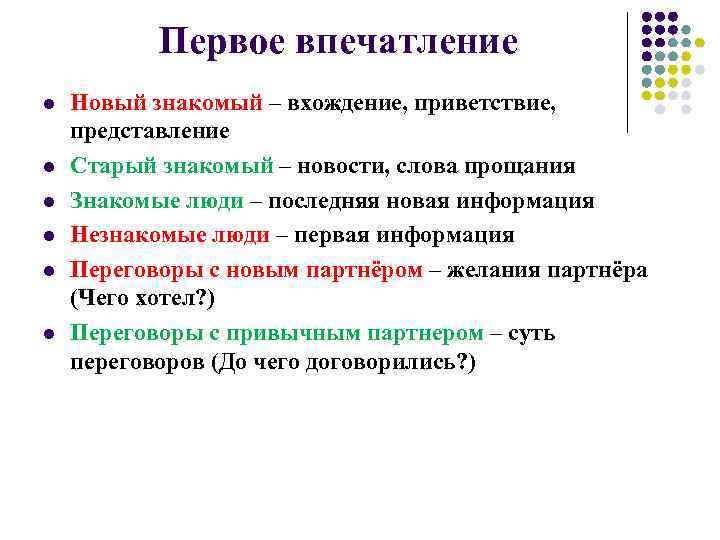Первое впечатление l l l Новый знакомый – вхождение, приветствие, представление Старый знакомый –