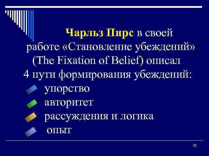  Чарльз Пирс в своей работе «Становление убеждений» (The Fixation of Belief) описал 4