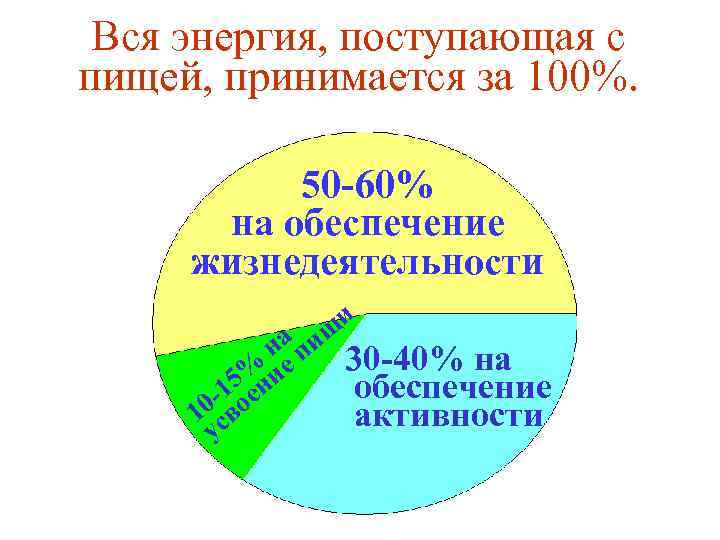 Вся энергия, поступающая с пищей, принимается за 100%. 50 -60% на обеспечение жизнедеятельности и