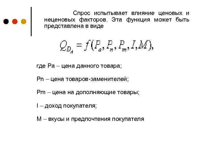 Спрос испытывает влияние ценовых и неценовых факторов. Эта функция может быть представлена в виде