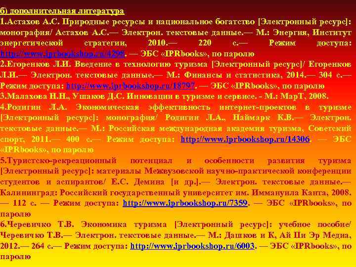 б) дополнительная литература 1. Астахов А. С. Природные ресурсы и национальное богатство [Электронный ресурс]: