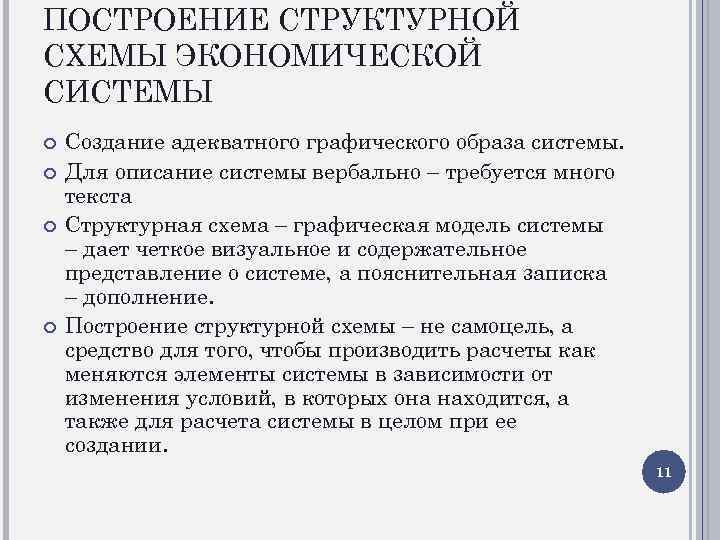 ПОСТРОЕНИЕ СТРУКТУРНОЙ СХЕМЫ ЭКОНОМИЧЕСКОЙ СИСТЕМЫ Создание адекватного графического образа системы. Для описание системы вербально