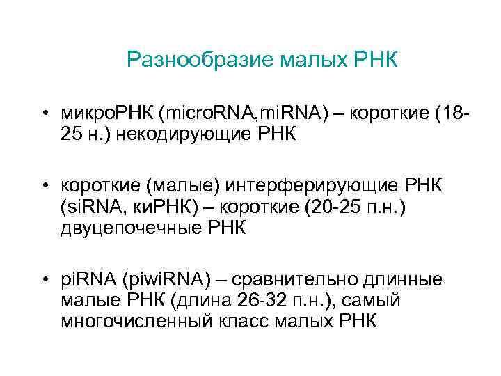 Разнообразие малых РНК • микро. РНК (micro. RNA, mi. RNA) – короткие (1825 н.