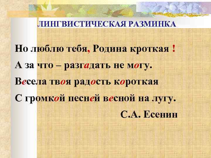 ЛИНГВИСТИЧЕСКАЯ РАЗМИНКА Но люблю тебя, Родина кроткая ! А за что – разгадать не