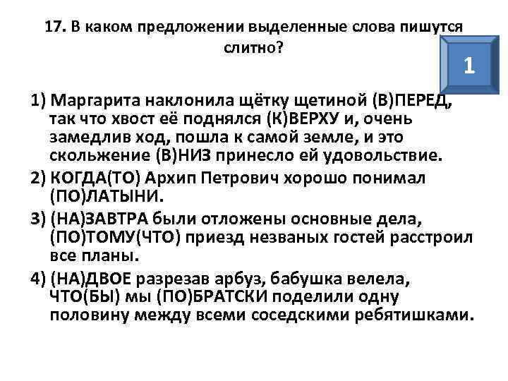17. В каком предложении выделенные слова пишутся слитно? 1 1) Маргарита наклонила щётку щетиной