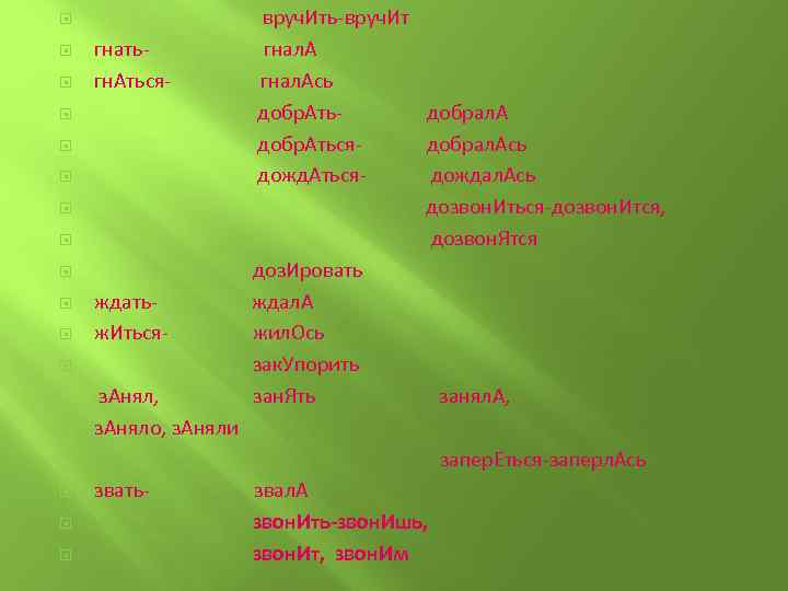  вруч. Ить-вруч. Ит гнать- гнал. А гн. Аться- гнал. Ась добр. Ать- добрал.