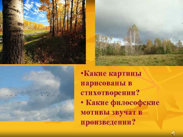  • Какие картины нарисованы в стихотворении? • Какие философские мотивы звучат в произведении?