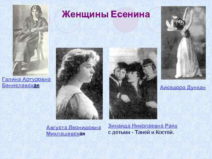 Женщины Есенина Галина Артуровна Бениславская Августа Леонидовна Миклашевская Айседора Дункан Зинаида Николаевна Райх с