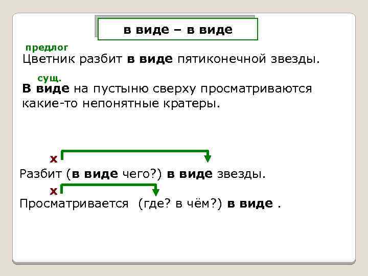 в виде – в виде предлог Цветник разбит в виде пятиконечной звезды. сущ. В
