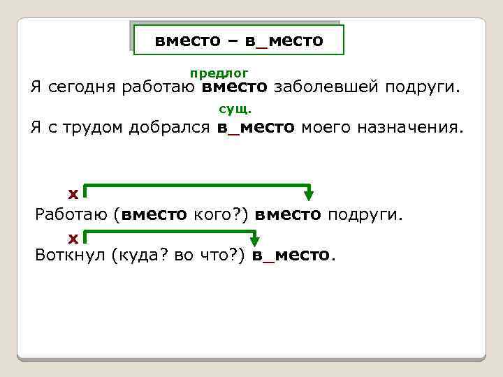 вместо – в_место предлог Я сегодня работаю вместо заболевшей подруги. сущ. Я с трудом