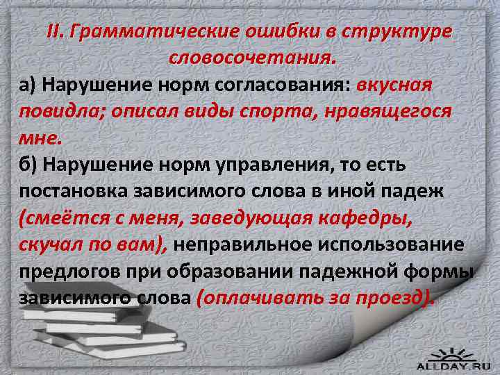 II. Грамматические ошибки в структуре словосочетания. а) Нарушение норм согласования: вкусная повидла; описал виды