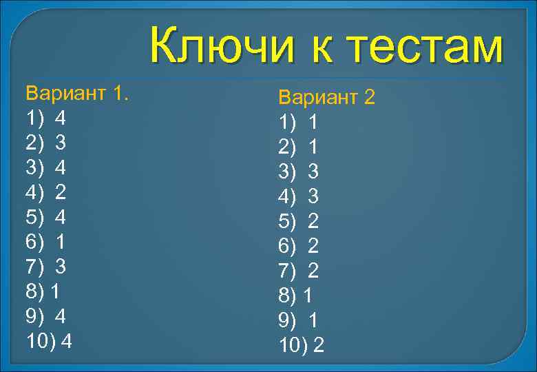 Ключи к тестам Вариант 1. 1) 4 2) 3 3) 4 4) 2 5)