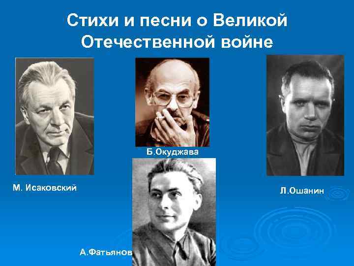 Стихи и песни о Великой Отечественной войне Б. Окуджава М. Исаковский Л. Ошанин А.