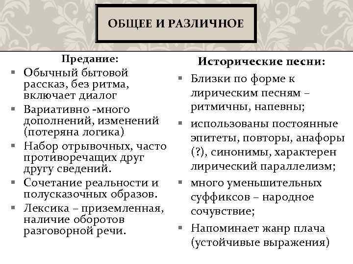 ОБЩЕЕ И РАЗЛИЧНОЕ Предание: § Обычный бытовой рассказ, без ритма, включает диалог § Вариативно