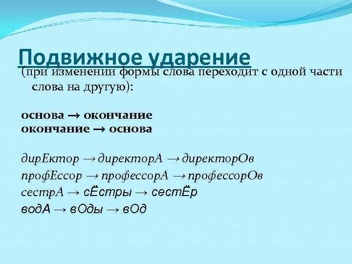 Подвижное ударение (при изменении формы слова переходит с одной части слова на другую): основа