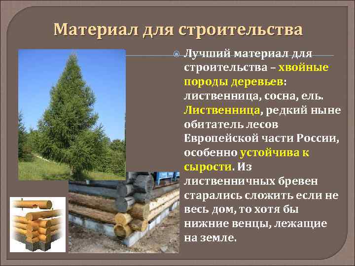 Материал для строительства Лучший материал для строительства – хвойные породы деревьев: лиственница, сосна, ель.
