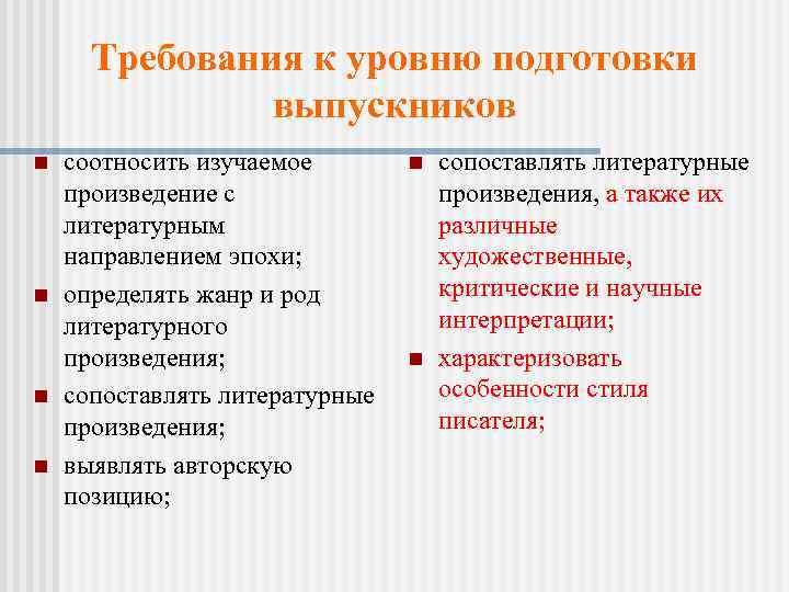 Требования к уровню подготовки выпускников n n соотносить изучаемое произведение с литературным направлением эпохи;