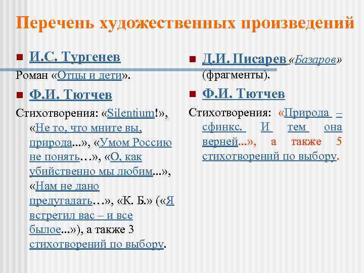 Перечень художественных произведений n И. С. Тургенев n (фрагменты). Роман «Отцы и дети» .
