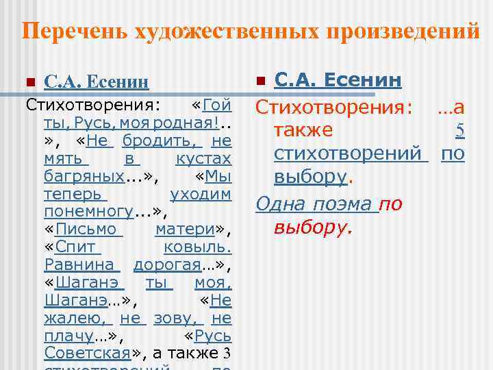 Перечень художественных произведений n С. А. Есенин Стихотворения: «Гой ты, Русь, моя родная!. .