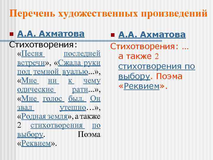 Перечень художественных произведений А. А. Ахматова n А. А. Ахматова Стихотворения: … «Песня последней