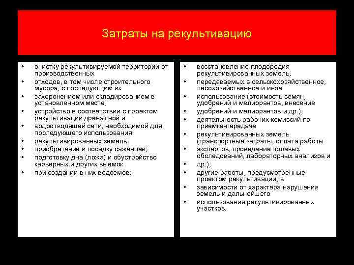 Затраты на рекультивацию • • • очистку рекультивируемой территории от производственных отходов, в том