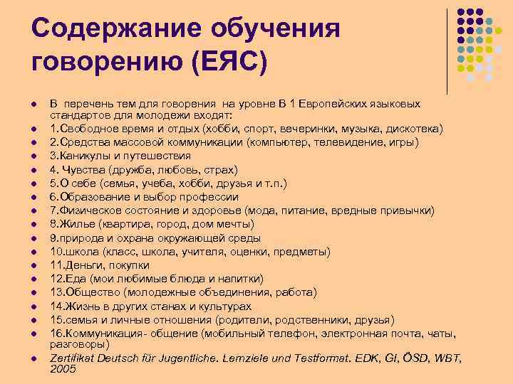 Тема списки. Содержание обучения говорению на иностранном языке. Этапы обучения говорению. Темы для говорения. Содержание тренинга.