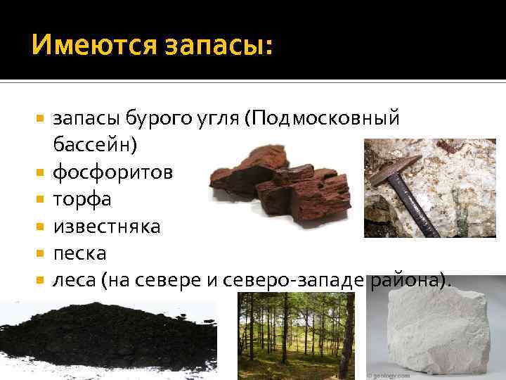 Имеются запасы: запасы бурого угля (Подмосковный бассейн) фосфоритов торфа известняка песка леса (на севере