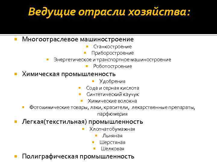 Ведущие отрасли хозяйства: Многоотраслевое машиностроение Станкостроение Приборостроение Энергетическое и транспортное машиностроение Роботостроение Химическая промышленность
