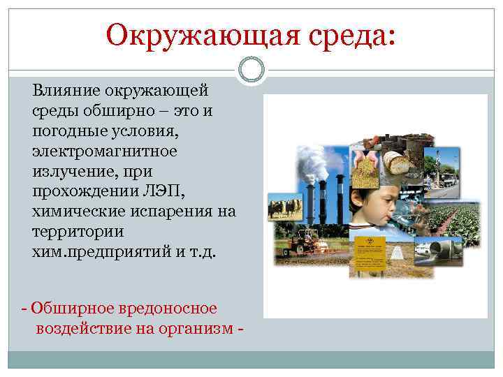 Окружающая среда: Влияние окружающей среды обширно – это и погодные условия, электромагнитное излучение, при