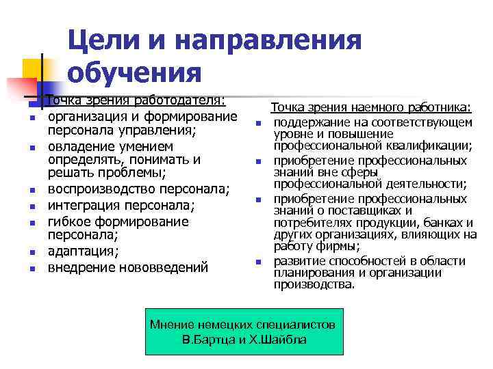 Цели и направления обучения n n n n Точка зрения работодателя: организация и формирование