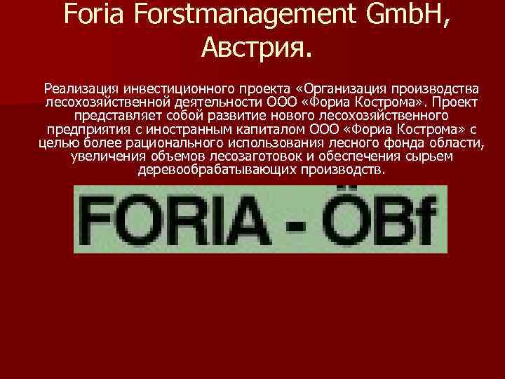 Foria Forstmanagement Gmb. H, Австрия. Реализация инвестиционного проекта «Организация производства лесохозяйственной деятельности ООО «Фориа