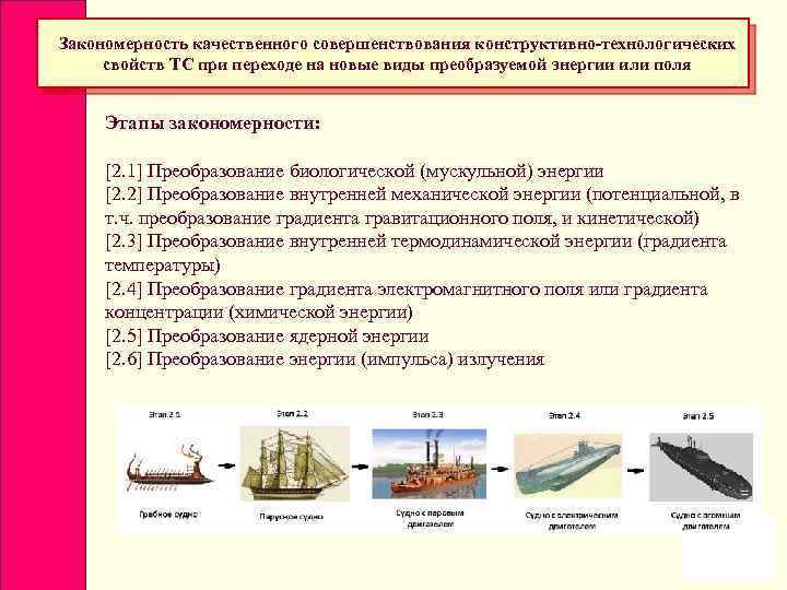 Закономерность качественного совершенствования конструктивно-технологических свойств ТС при переходе на новые виды преобразуемой энергии или
