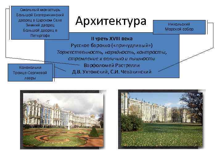 Смольный монастырь Большой Екатерининский дворец в Царском Селе Зимний дворец Большой дворец в Петергофе