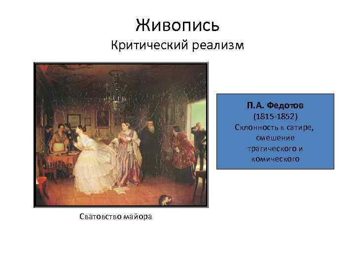 Живопись Критический реализм П. А. Федотов (1815 -1852) Склонность к сатире, смешение трагического и