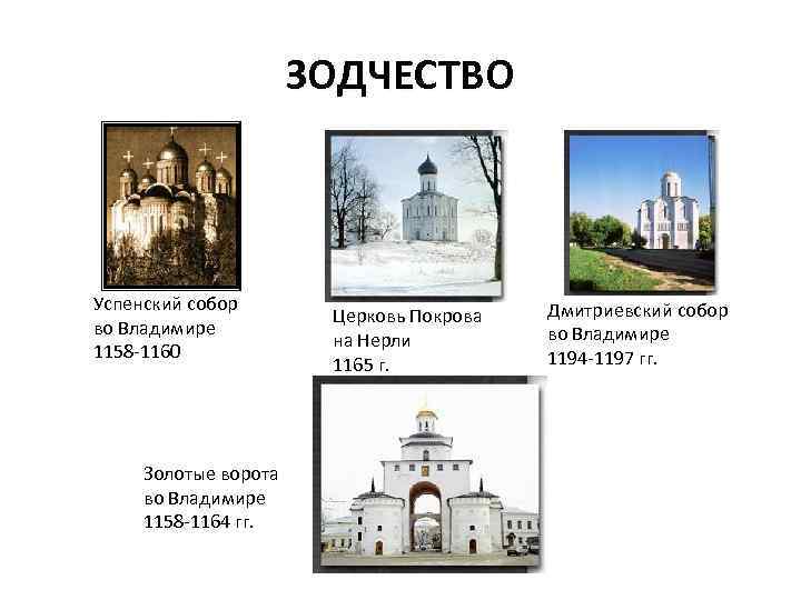 ЗОДЧЕСТВО Успенский собор во Владимире 1158 -1160 Золотые ворота во Владимире 1158 -1164 гг.