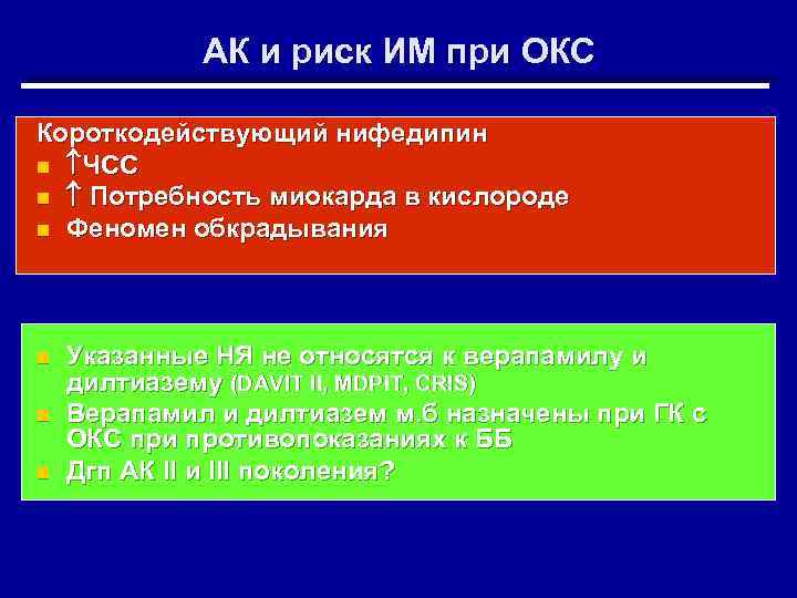 АК и риск ИМ при ОКС Короткодействующий нифедипин n ЧСС n Потребность миокарда в